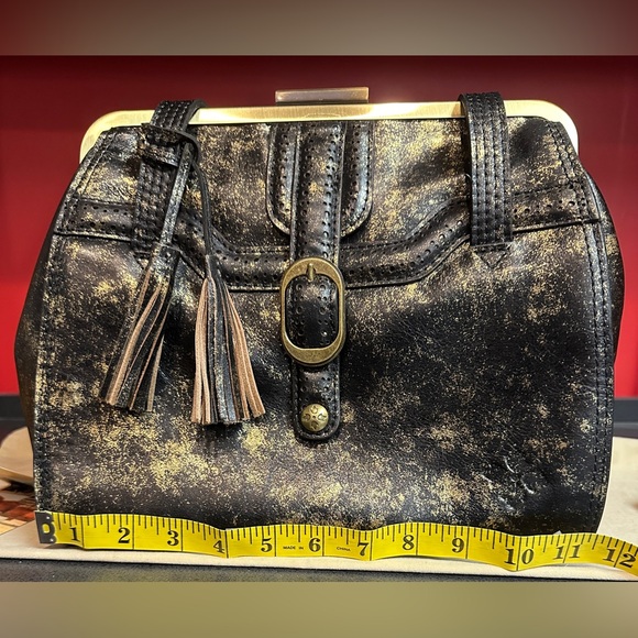 NWT Patricia Nash Distressed Black & Gold Lamé Finish Dual Strap Leather Satchel - Picture 7 of 16